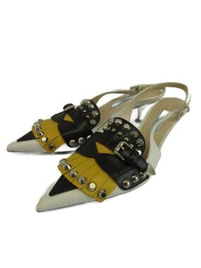 Prada Pumps Leather Pointed Toe Kitten Heels Studs Fringe Sling Back